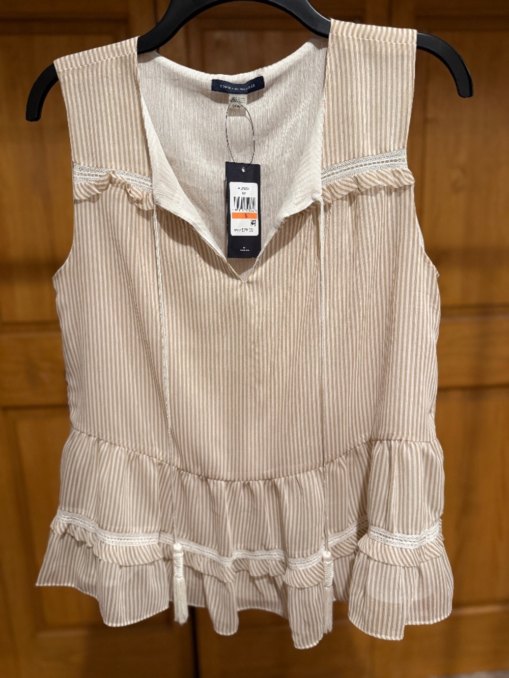NWT Tommy Hilfiger Striped Peplum Top Tan White Cottagecore Boho Small tunic